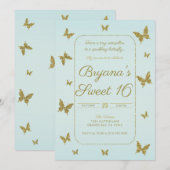 Blauw & Goud Glitter Butterfly Sweet 16 Party Kaart (Voorkant / Achterkant)