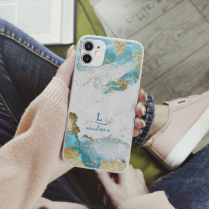 Blauw Goud Glitter Custom Monogram iPhone 15 Case