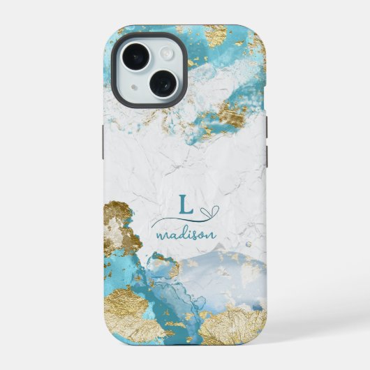 Blauw Goud Glitter Custom Monogram iPhone 15 Case (Achterkant)