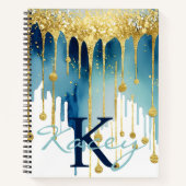 Blauw Goud Glitter Girly Monogram Naam Notitieboek (Voorkant)