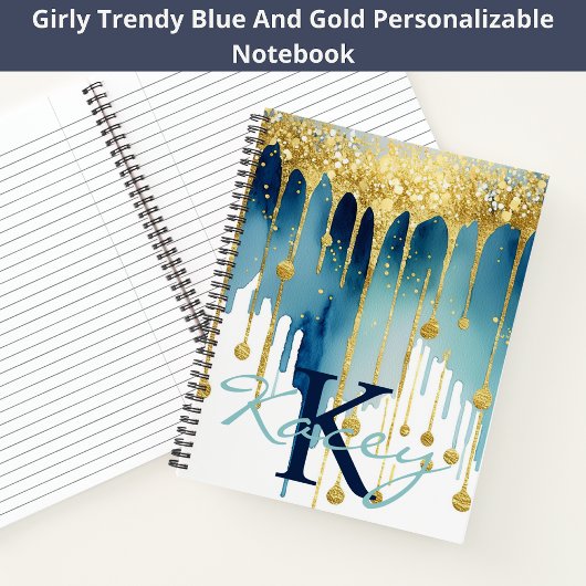 Blauw Goud Glitter Girly Monogram Naam Notitieboek