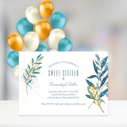 Blauw Goud Glitter Lief Zestien Verjaardagsfeest Kaart