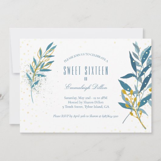 Blauw Goud Glitter Lief Zestien Verjaardagsfeest Kaart (Voorkant)