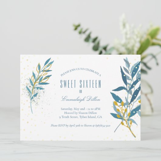 Blauw Goud Glitter Lief Zestien Verjaardagsfeest Kaart (Staand voorkant)