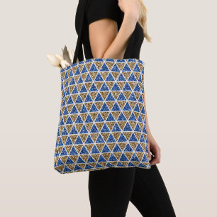 BLAUW & GOUD GLITTER LOOK KERSTDIAMANT PATROON TOTE BAG