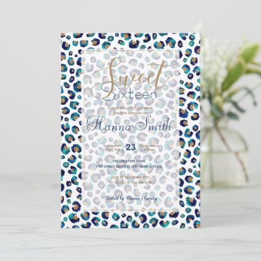 Blauw Goud Glitter Luipaard Patroon (Staand voorkant)