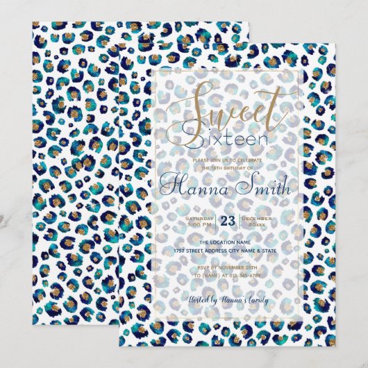 Blauw Goud Glitter Luipaard Patroon (Voorkant / Achterkant)