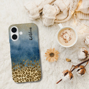 Blauw Goud Glitter Luipaardprint Monogram Naam iPhone 16 Hoesje