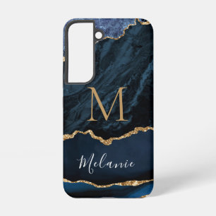 Blauw Goud Glitter Marmer Aangepaste Naam en Lette Samsung Galaxy Hoesje