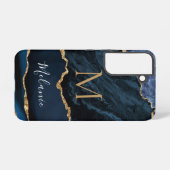 Blauw Goud Glitter Marmer Cuatom Naam en letter Samsung Galaxy Hoesje (Achterkant horizontaal)