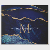 Blauw Goud Glitter Monogram Naam Wrapping Paper Cadeaupapier (Vlak)