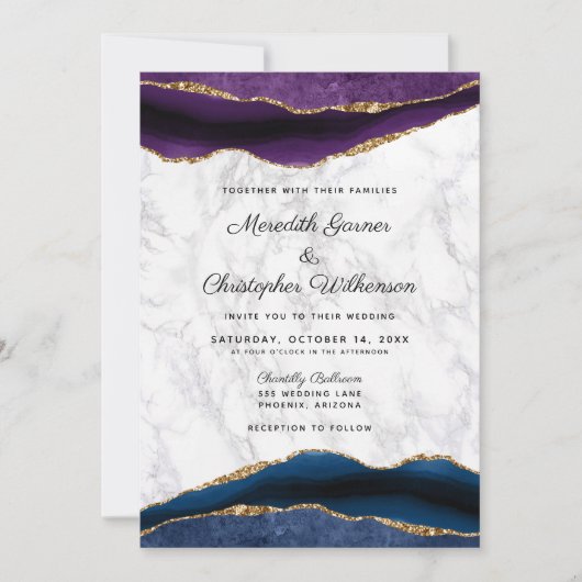 Blauw Goud Glitter Paarse Agaat Bruiloft Kaart (Voorkant)