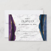 Blauw Goud Glitter Paarse Agaat Bruiloft RSVP Kaartje (Voorkant)