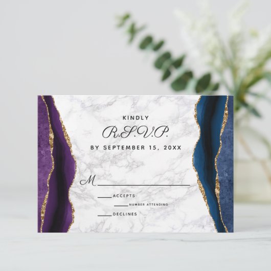 Blauw Goud Glitter Paarse Agaat Bruiloft RSVP Kaartje (Staand voorkant)