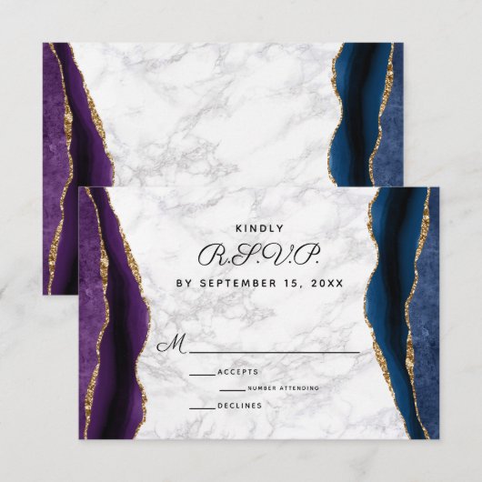 Blauw Goud Glitter Paarse Agaat Bruiloft RSVP Kaartje (Voorkant / Achterkant)