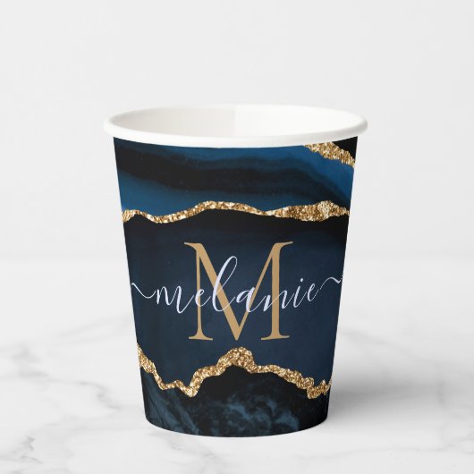 Blauw Goud Glitter Papieren Bekers Aangepaste Naam (Links)