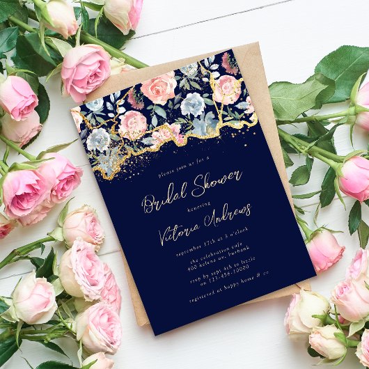 Blauw Goud Glitter Roos Bloemen Vrijgezellenfeest Kaart