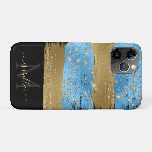 Blauw Goud Glitter Script Monogram Case-Mate iPhone Case (Achterkant (horizontaal))
