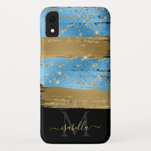 Blauw Goud Glitter Script Monogram Case-Mate iPhone Case