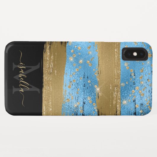 Blauw Goud Glitter Script Monogrammed Case-Mate iPhone Case (Achterkant (horizontaal))