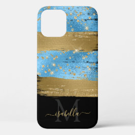 Blauw Goud Glitter Script Monogrammed Case-Mate iPhone Case