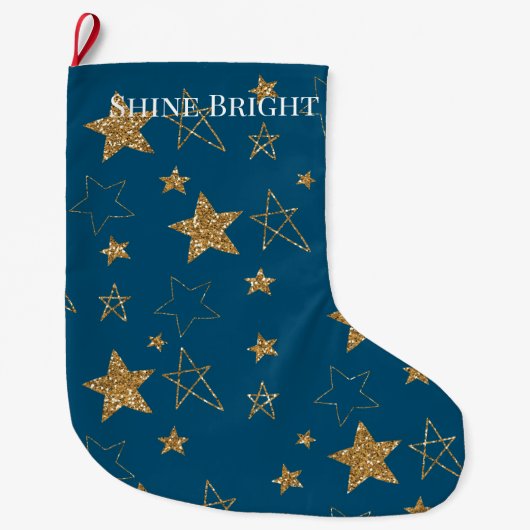 Blauw Goud Glitter Sterren Grote Kerstsok (Voorkant)