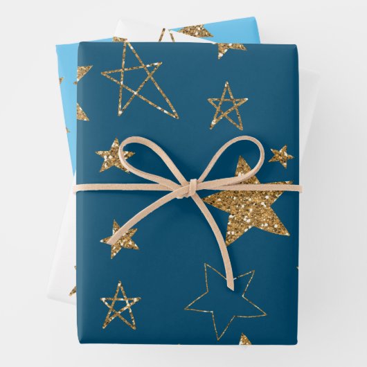 Blauw Goud Glitter Sterren Inpakpapier Vel (In situ)