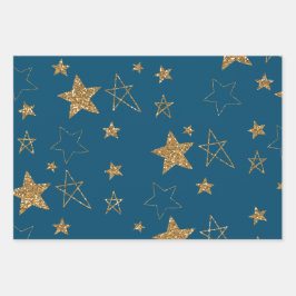 Blauw Goud Glitter Sterren Inpakpapier Vel