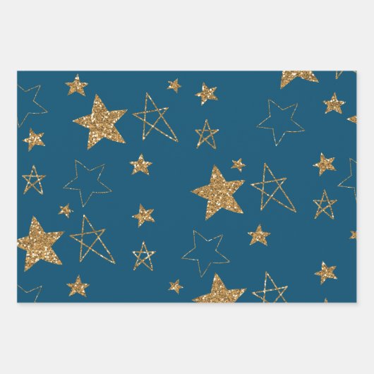 Blauw Goud Glitter Sterren Inpakpapier Vel (Voorkant)