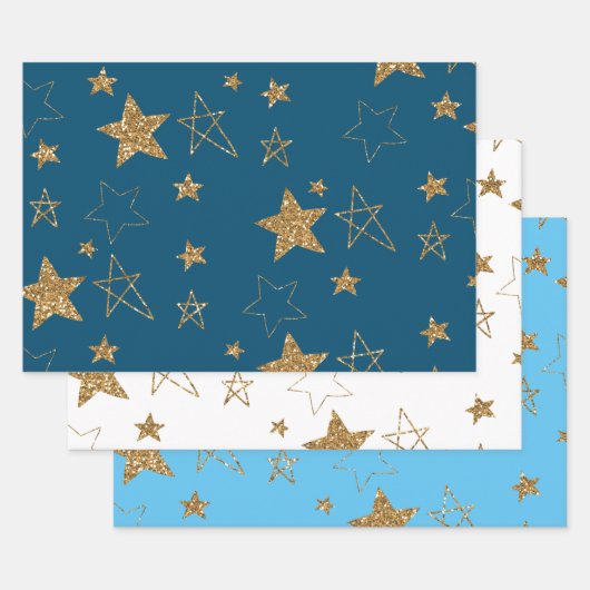Blauw Goud Glitter Sterren Inpakpapier Vel (Set)