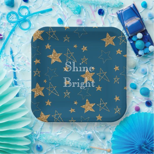 Blauw Goud Glitter Sterren Papieren Bordje (Feest)