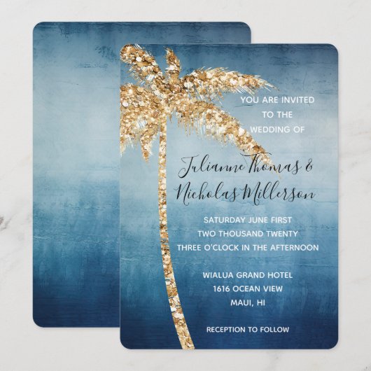 Blauw Goud Glitter Tropische Palm Tree Wedding Kaart (Voorkant / Achterkant)