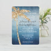 Blauw Goud Glitter Tropische Palm Tree Wedding Kaart (Staand voorkant)