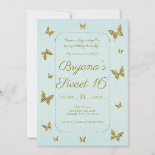 Blauw & Goud Glitter Vlinder Sweet 16 Feest Kaart
