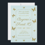 Blauw & Goud Glitter Vlinder Sweet 16 Feestje Kaart<br><div class="desc">aanpasbaar voor elke gelegenheid</div>