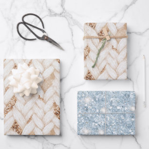 Blauw Goud Glitter Wit Geweven Nep Stof Verjaardag Inpakpapier Vel
