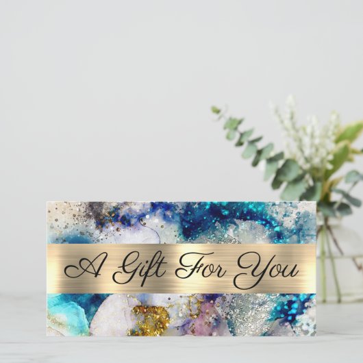 Blauw goud glitters waterverf cadeaubon (Staand voorkant)