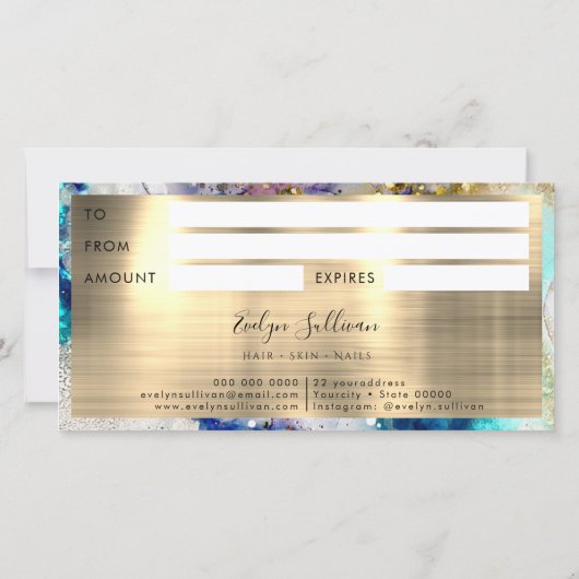 Blauw goud glitters waterverf cadeaubon (Achterkant)