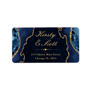 Blauw & goud glitterschalie huwelijksadreslabel etiket