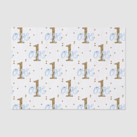 Blauw & goud glitterserpentine 1 1e verjaardagsfee tissuepapier (Voorkant)