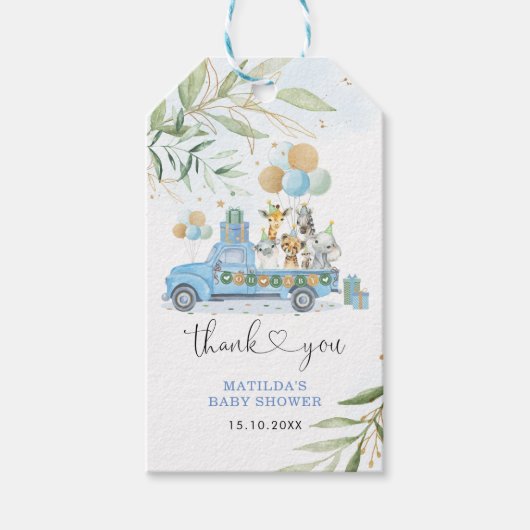 Blauw Goud Groen Safari Wild Animals Baby shower Cadeaulabel (Voorkant)