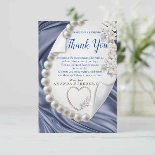 Blauw, goud, groene ijzige zijde en parelsDank u w RSVP Kaartje (Staand voorkant)