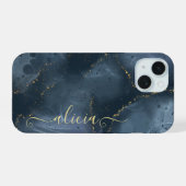 Blauw Goud Handgeschilderde Alcoholinkt iPhone 15 Case (Achterkant horizontaal)
