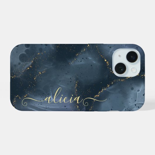 Blauw Goud Handgeschilderde Alcoholinkt iPhone 15 Case (Achterkant horizontaal)