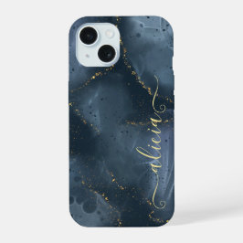 Blauw Goud Handgeschilderde Alcoholinkt iPhone 15 Case