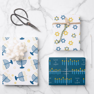 Blauw & Goud Hanukkah Menorah Ster van David Patro Inpakpapier Vel