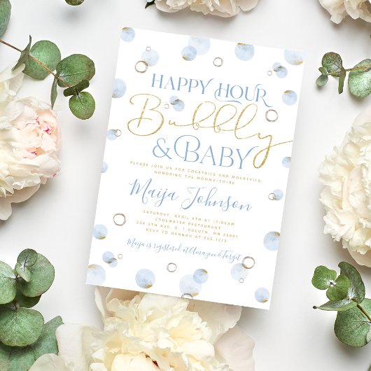 Blauw Goud Happy Hour Bubble en Baby shower Kaart
