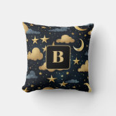 Blauw goud hemelpatroon maan sterren monogram kussen (Voorkant)