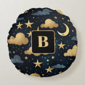 Blauw goud hemelpatroon maan sterren monogram rond kussen (Voorkant)