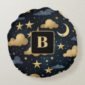 Blauw goud hemelpatroon maan sterren monogram rond kussen (Achterkant)